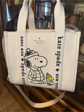 kate spade White Snoopy Canvas Tote with Black Logo Straps and Yellow Accent